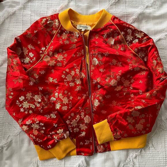Charlotte Russe Floral Print Crewneck Full Zip Jacket Bright Red Women's Small - Picture 2 of 5